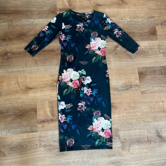 TOPSHOP Women's 6 Fitted Midi Soft Stretch 3/4 Sleeve Floral Butterfly Dress - Picture 2 of 5
